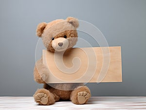 brown teddy bear with a blank sign with space for copy