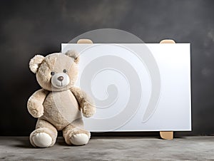 brown teddy bear with a blank sign with space for copy