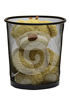 Brown teddy bear into can on white background