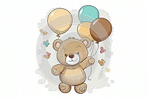 Brown teddy bear cartoon isolated on a white background standing and holding air balloons