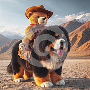 Brown teddy bear in cowboy hat riding large brown and black dog, dog is standing on sandy surface, mountains in background.