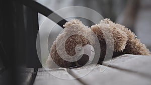 Brown teddy bear lying on bench with blurred curly-haired girl having fun at the background. Close-up of abandoned toy