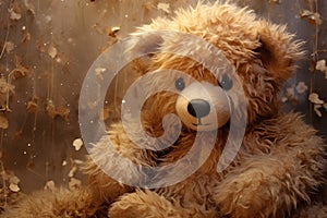 A brown teddy bear rests on top of a wooden floor, adding a touch of warmth and nostalgia to the room., A soft and plushy texture