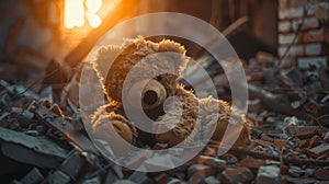 Brown Teddy Bear Sitting on Rubble