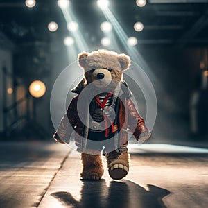 a brown teddy bear is walking in the dark streets with lights from bright beams behind