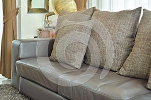 Brown texture pillows on deep brown leather sofa in living room