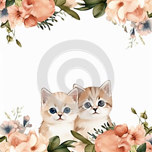 Brown themed flower frame with 2 cute smiling cats.