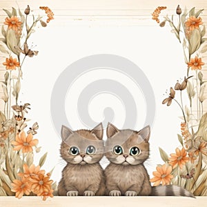 Brown themed flower frame with 2 cute smiling cats, AI Generated