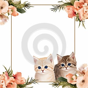 Brown themed flower frame with 2 cute smiling cats, AI Generated