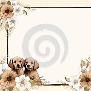 Brown themed flower frame with 2 cute smiling dogs, AI Generated