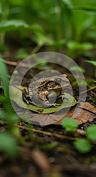 Brown Toad on Leaf in Lush Green Forest