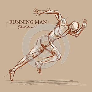 Brown toned modern stylised sketch of a running athletic man with a muscular body sprinting at speed leaning forwards into his