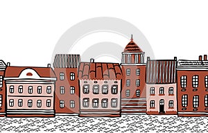 Brown town. Seamless border with houses. Old town background. Brown houses