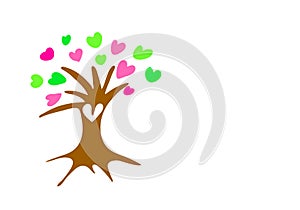 Brown tree with the leaves in the shape of a heart isolated on white background. Pink and green hearts.