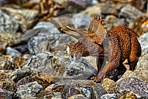 Brown Triceratops dinosaur walking among the rocks