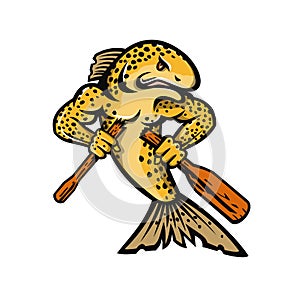 Brown Trout Salmo Trutta or Salmon Breaking an Oar or Paddle Cartoon Mascot Color