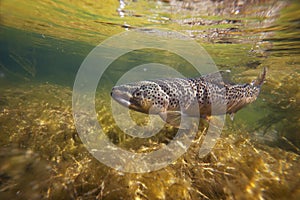 Brown trout underwater in stream photo