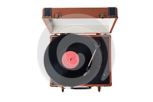 Brown turntable gramophone in suitcase, vinyl record player isolated on white background