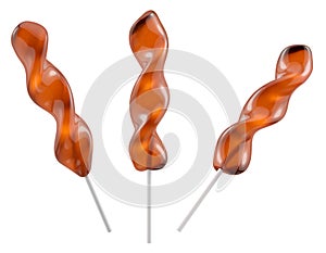 Brown twisted lollipop on white plastic stick. Isolated sweet candy. 3D rendered image.
