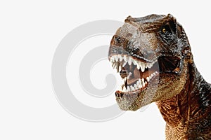 Brown tyrannosaurus rex t-rex, coelurosaurian theropod dinosaur didactic figure with open mouth photo