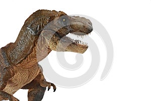 Brown tyrannosaurus rex t-rex, coelurosaurian theropod dinosaur didactic figure with open mouth showing photo