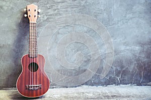 The brown ukulele guitar portrait on texture against the wall plaster mortar