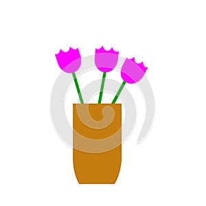 Brown vase with bright tulips.