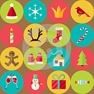 Brown Vector Flat Merry Christmas Seamless Pattern Set with Circles