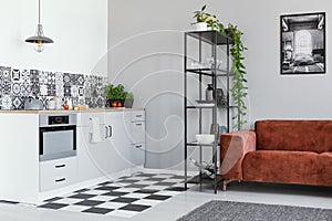 Brown velvet sofa next to industrial shelf in small kitchen with grey cabinets