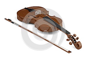 Brown violin with bow isolated on white