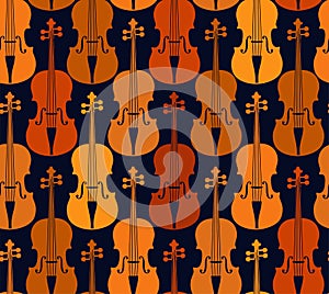 Brown violins on a blue background, seamless pattern.