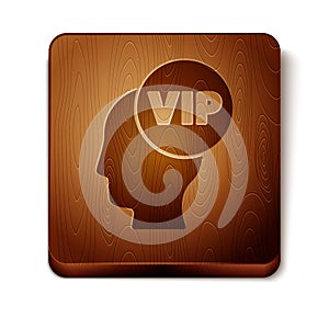 Brown Vip inside human head icon isolated on white background. Wooden square button. Vector