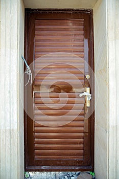 Brown wall. Gold flowers. Microphone and camera to see the person at the door. Black copper metal door