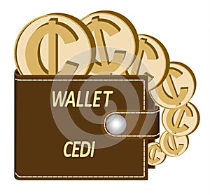 Brown wallet with cedi coins