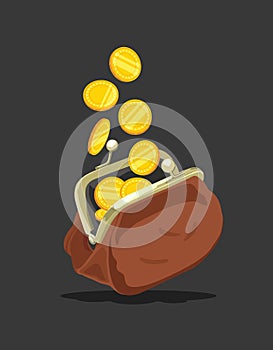 Brown wallet with coins. Vector illustration