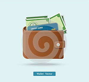 Brown wallet full of green dollars vector illlustration