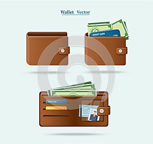 Brown wallet full of green dollars vector illlustration