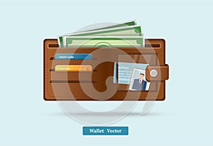 Brown wallet full of green dollars vector illlustration photo