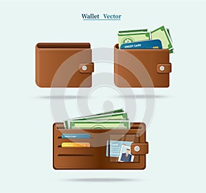 Brown wallet full of green dollars vector illlustration photo