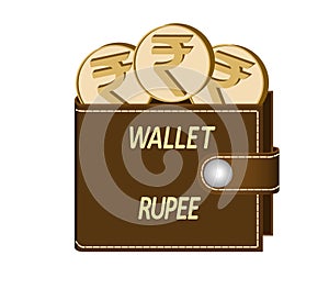 Brown wallet with rupee coins