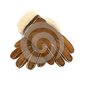 Brown warm fur suede gloves isolated on white background, winter equipe photo