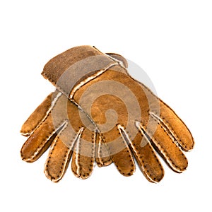 Brown warm fur suede gloves isolated on white background, winter equipe photo