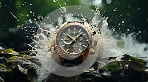 a brown watch sits in the water by a waterfall in the woods