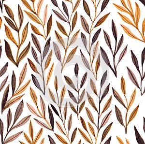 Brown watercolor leaf seamless pattern. Composition of green leaves and branches on a white background, perfect for