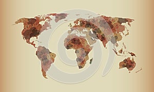 Brown watercolor world map vector illustration with different continents of the globe in light background