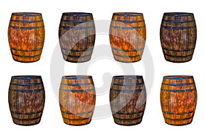 Brown weathered brown oak barrel in two parallel rows on a white isolated background