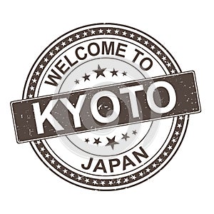 Brown Welcome to Kyoto Japan Quality Original Stamp Design Vector Art Tourism Souvenir Round.