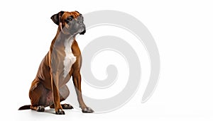 Brown and white Anxious Boxer dog, sitting pose on isolated white background