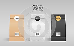 Brown, White, Black paper bag folded front design, mouth bag there are circle stickers template