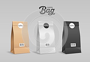 Brown, White, Black Paper bag folded, mouth bag there are circle stickers and barcodes, mock up